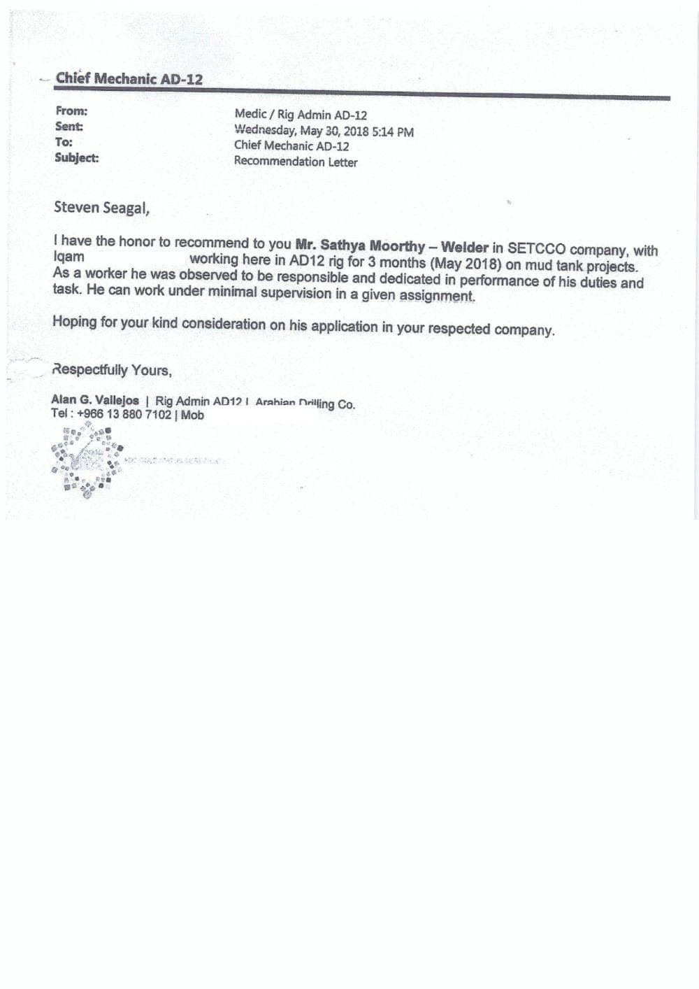 Letter of Recommendation issued by Arabian Drilling Company