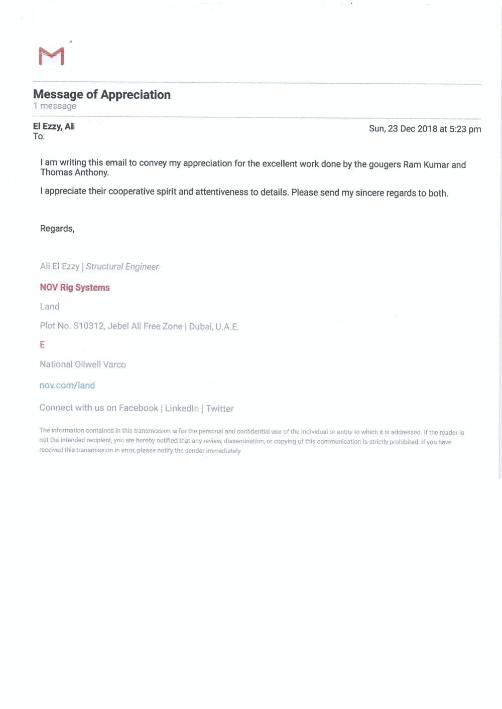 Message of Appreciation issued by NOV Rig Systems