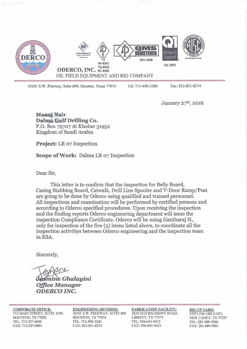 Project Correspondence issued by ODERCO Inc.