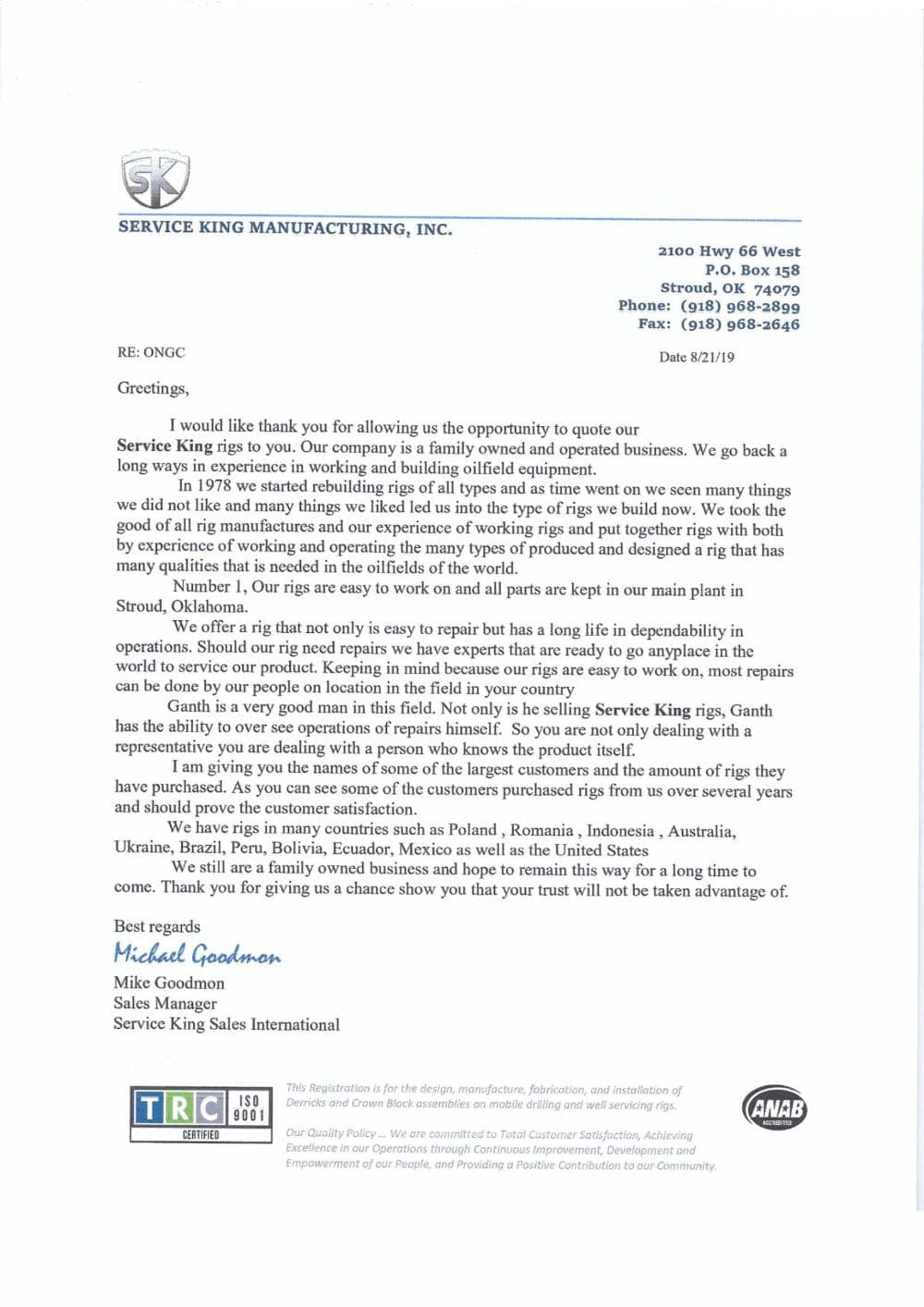 Company Correspondence issued by Service King Manufacturing
