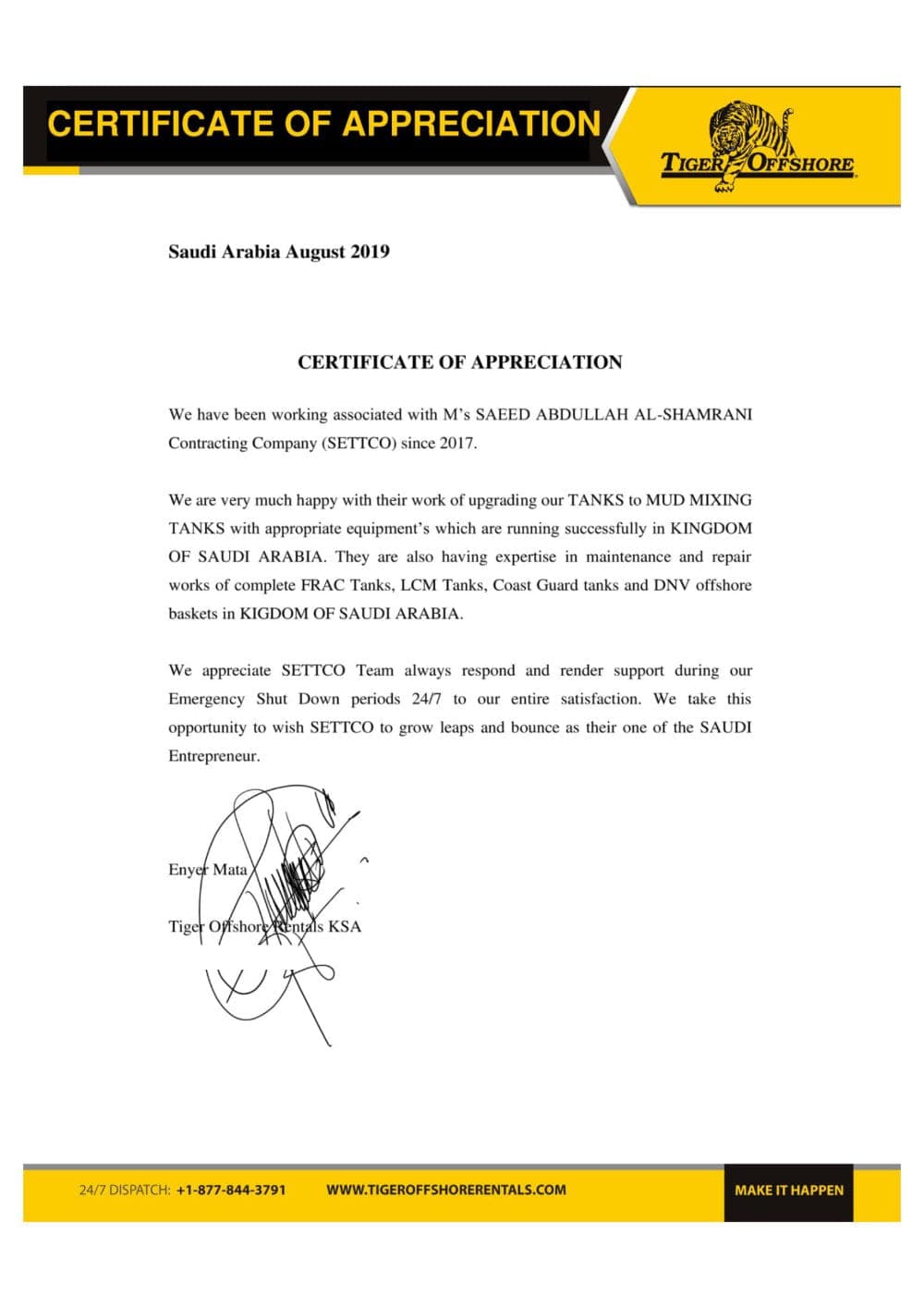 Certificate of Appreciation issued by Tiger Offshore Rentals