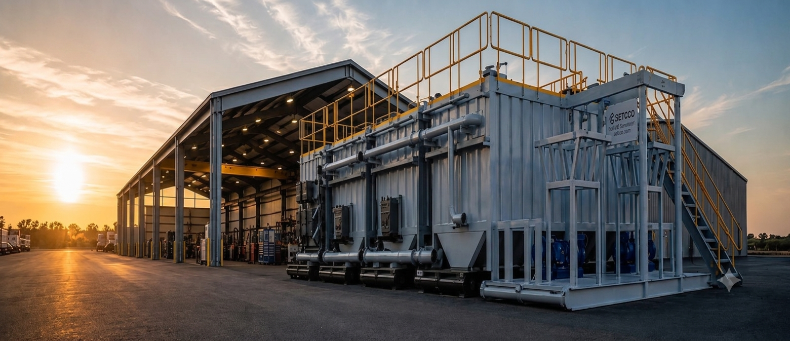 SETCCO fabrication yard at dusk with a completed mud system